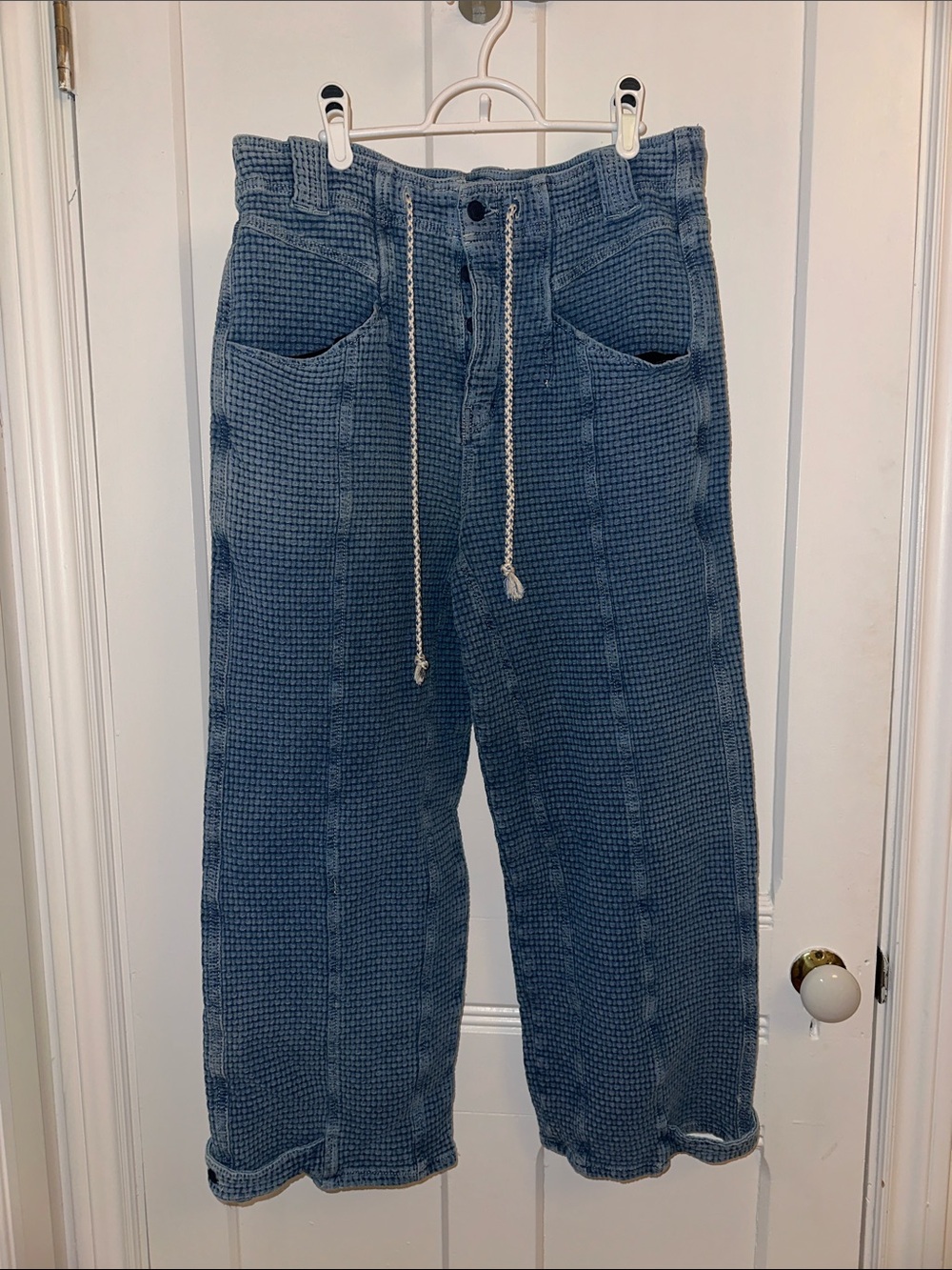 Free People Blue Waffle-Knit Relaxed Jeans with Drawstring size medium